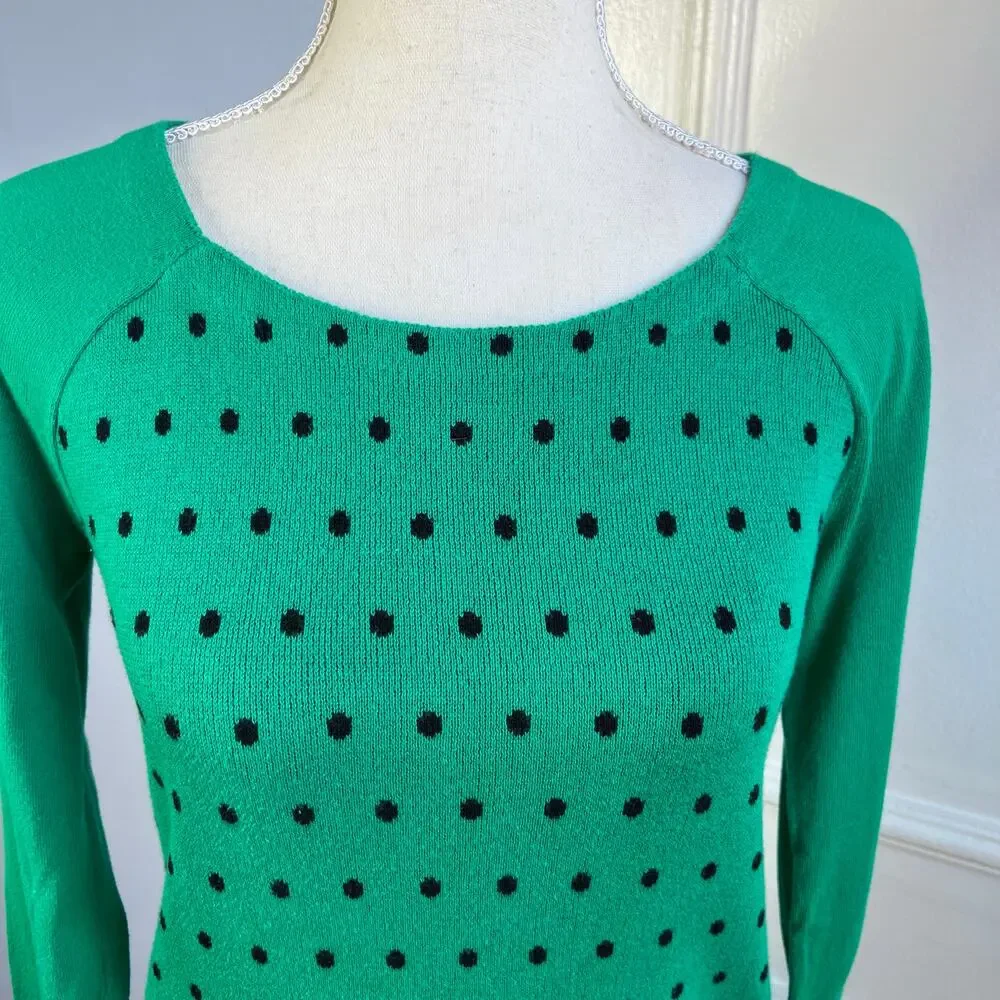 LOFT Polka Dot Cotton Sweater Long Sleeve Women's Size XS‎ Extra Small Green